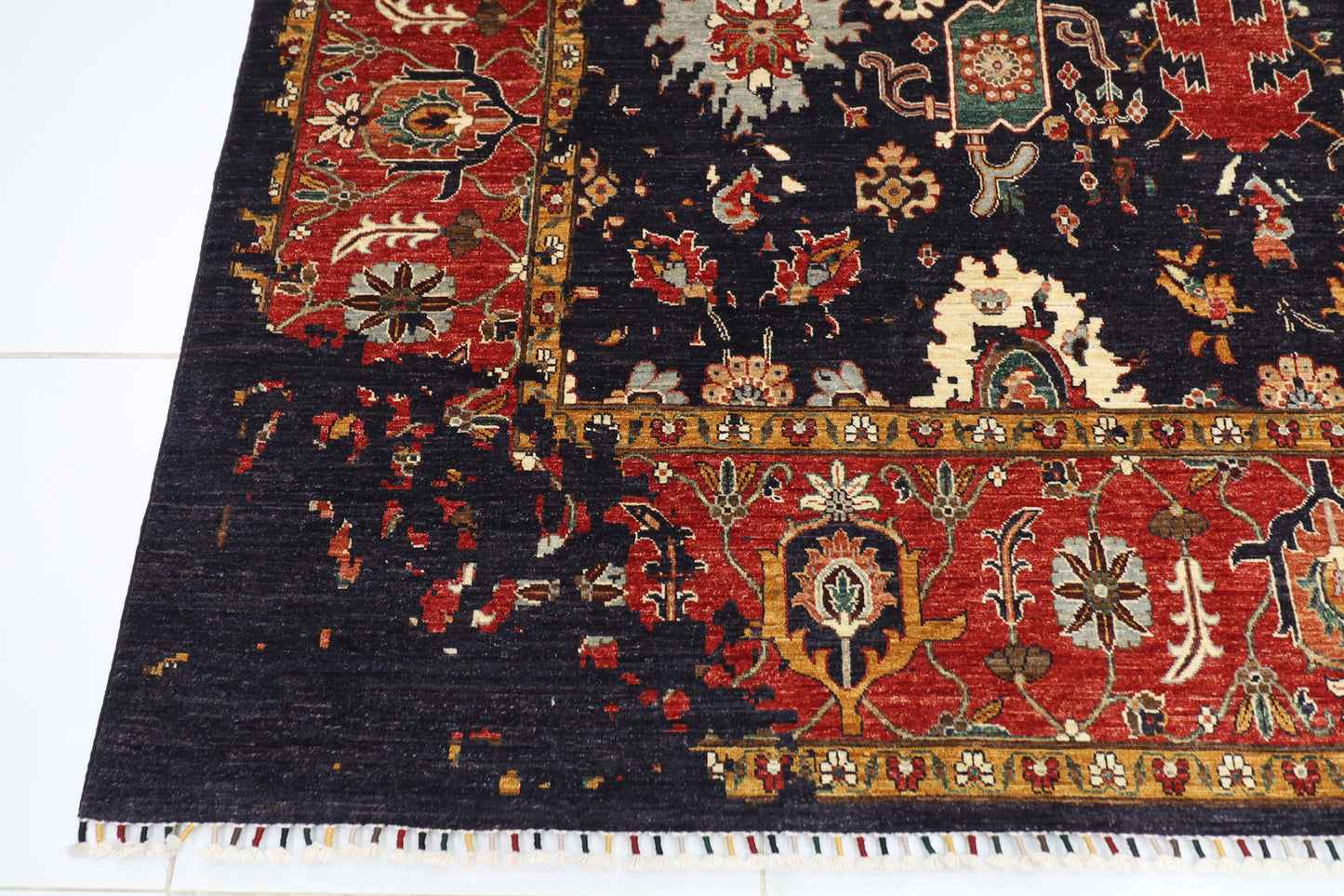 275 x 360 cm | Abstract Navy Afghan Hand Knotted Carpet