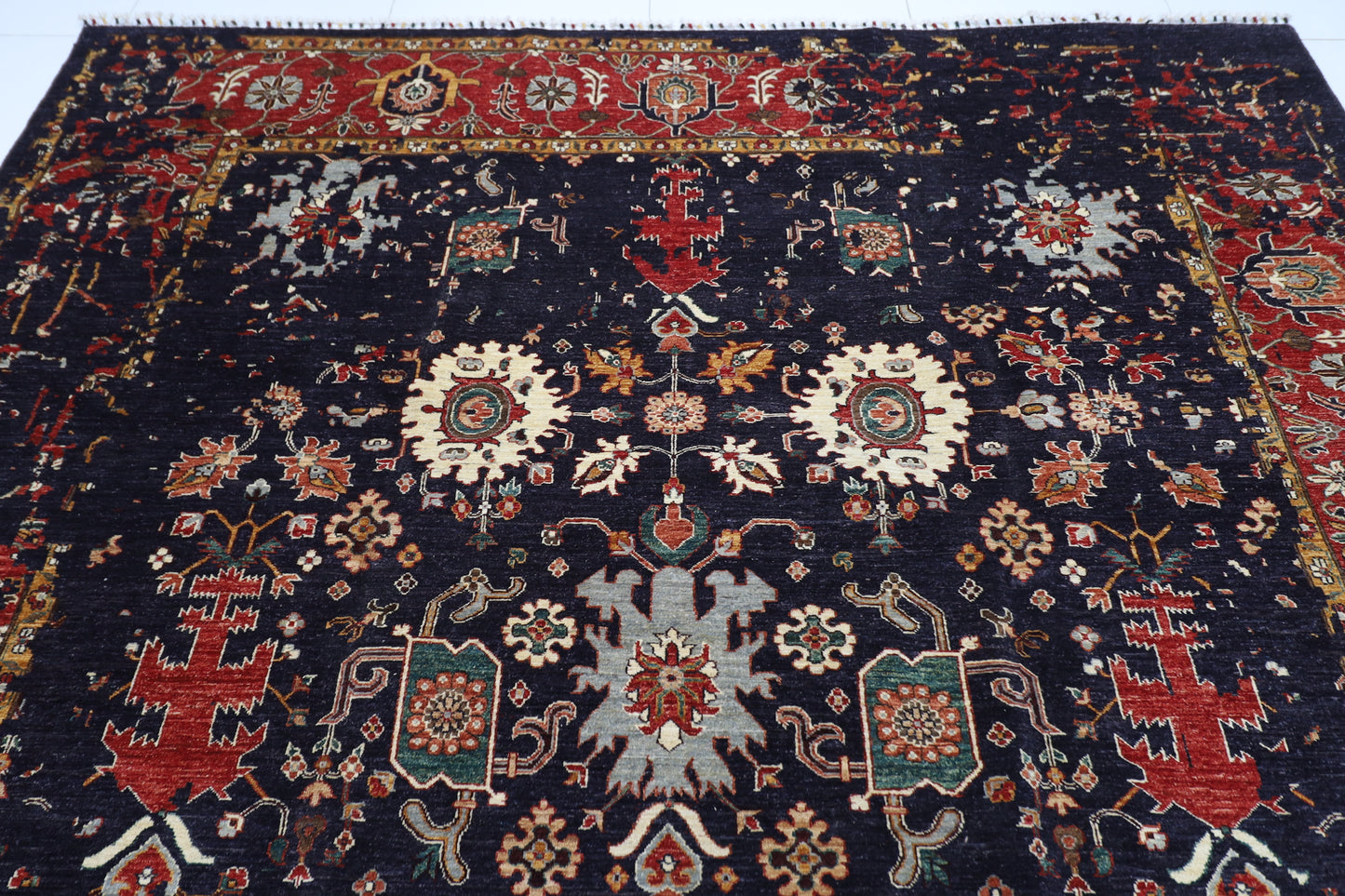 275 x 360 cm | Abstract Navy Afghan Hand Knotted Carpet