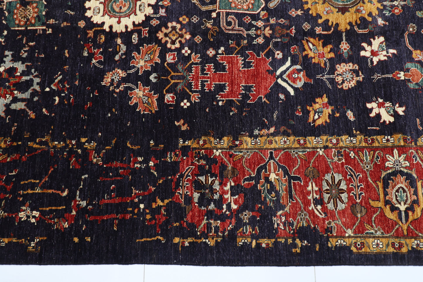 275 x 360 cm | Abstract Navy Afghan Hand Knotted Carpet