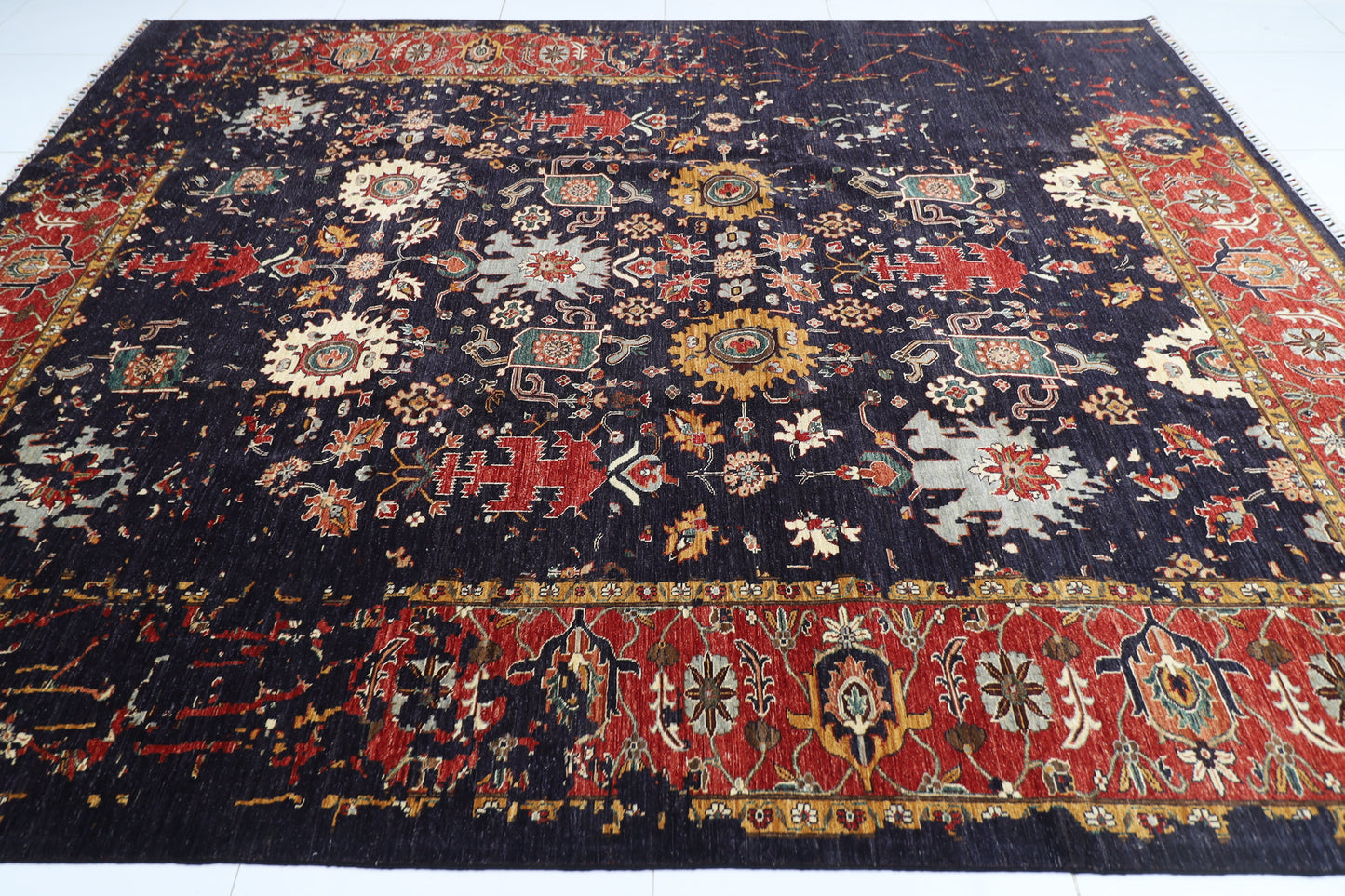 275 x 360 cm | Abstract Navy Afghan Hand Knotted Carpet