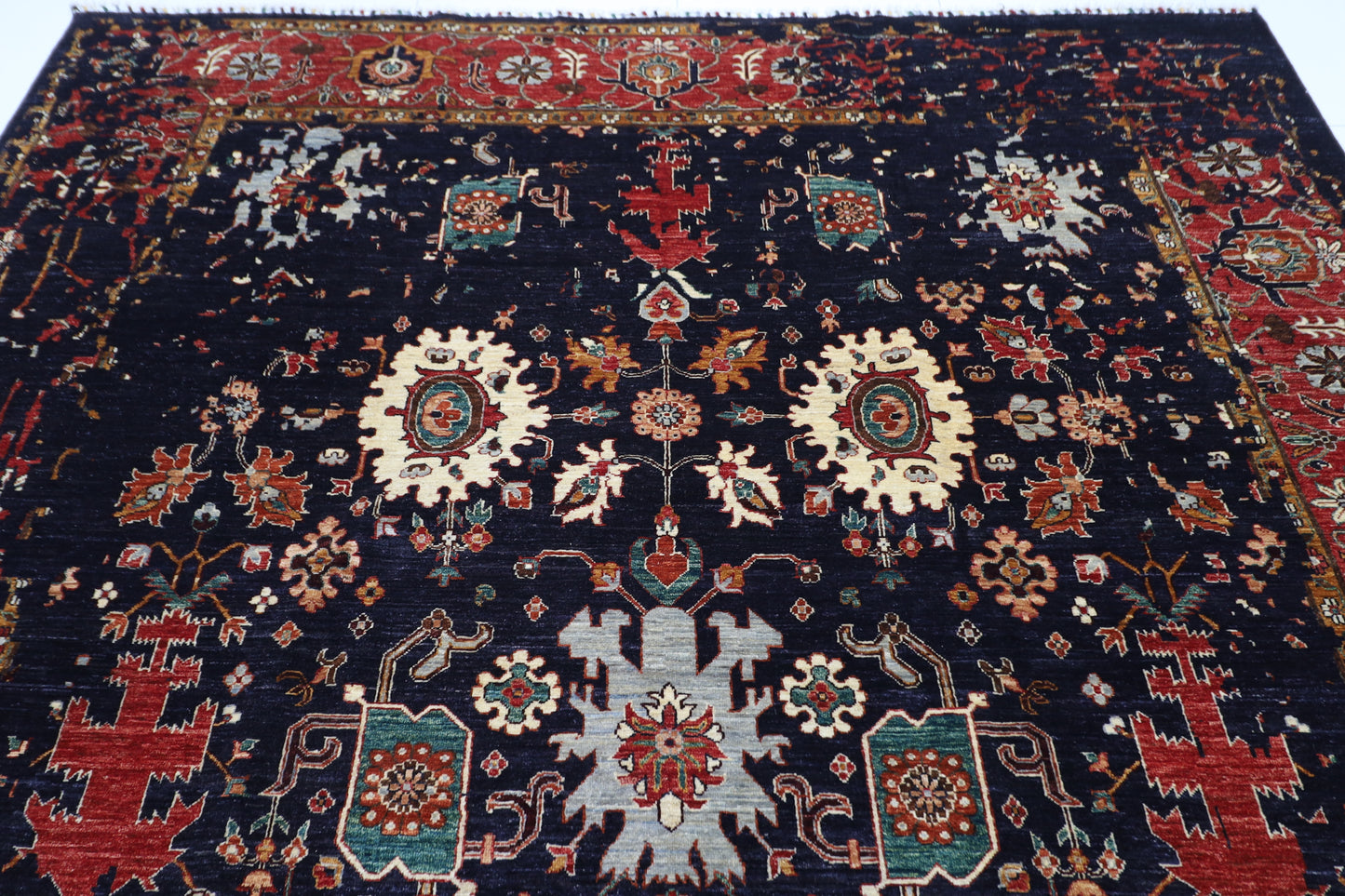 271 x 374 cm | Abstract Navy Afghan Hand Knotted Carpet