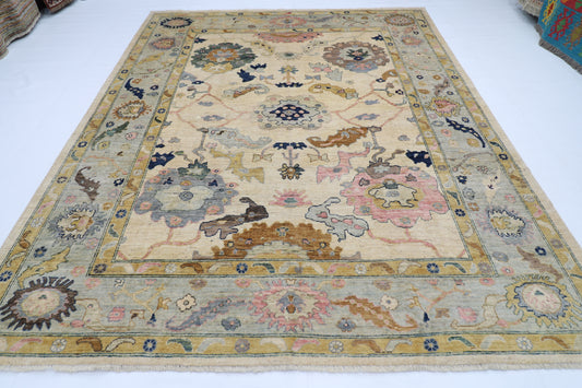 253 x 306 cm | Oushak Cream Afghan Tribal Hand Knotted Wool Carpet