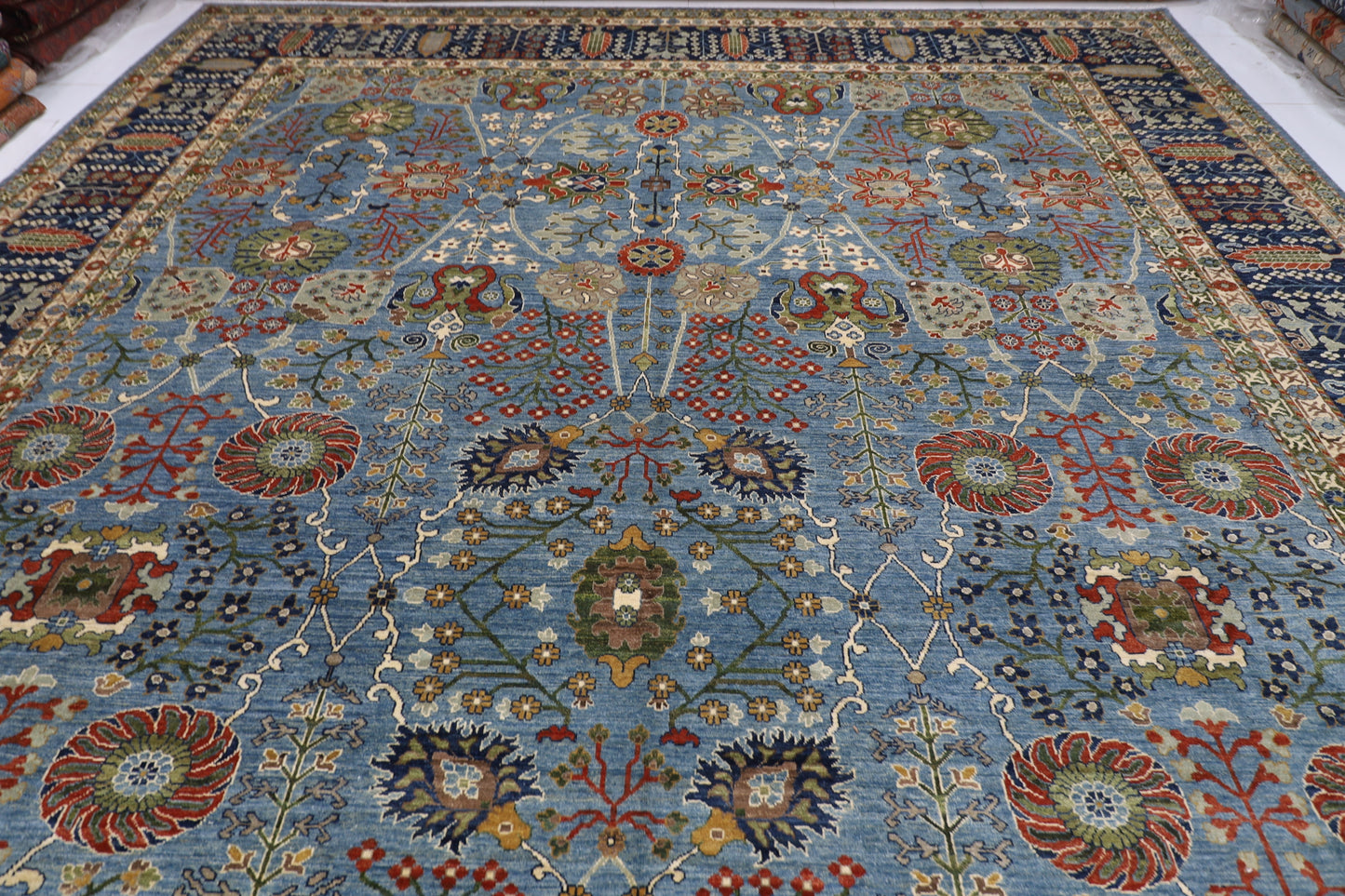396 x 591 cm | Floral Blue Area Rug Afghan Hand Knotted Veg Dye Wool carpet