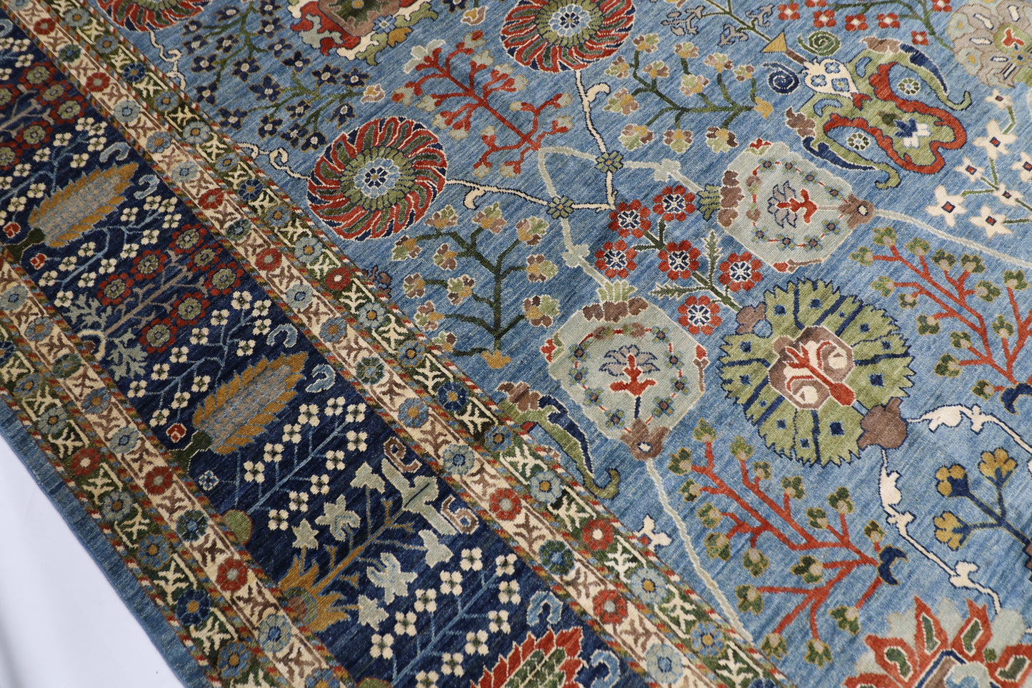 396 x 591 cm | Floral Blue Area Rug Afghan Hand Knotted Veg Dye Wool carpet