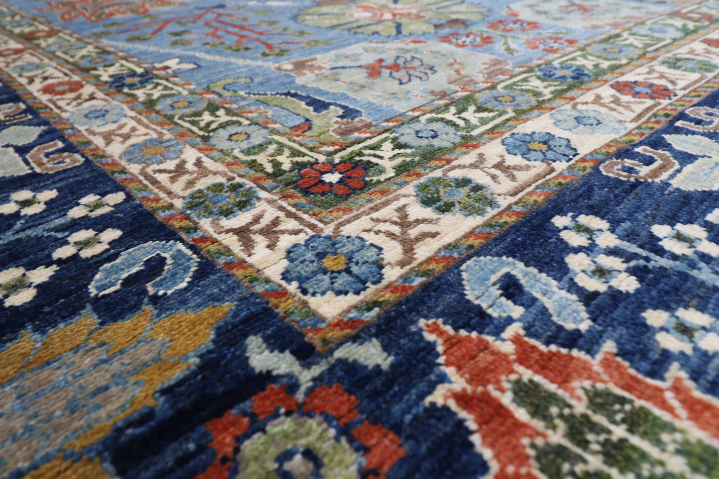 396 x 591 cm | Floral Blue Area Rug Afghan Hand Knotted Veg Dye Wool carpet
