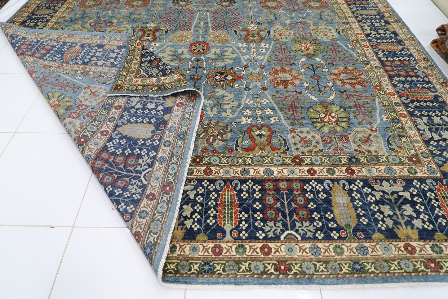 396 x 591 cm | Floral Blue Area Rug Afghan Hand Knotted Veg Dye Wool carpet