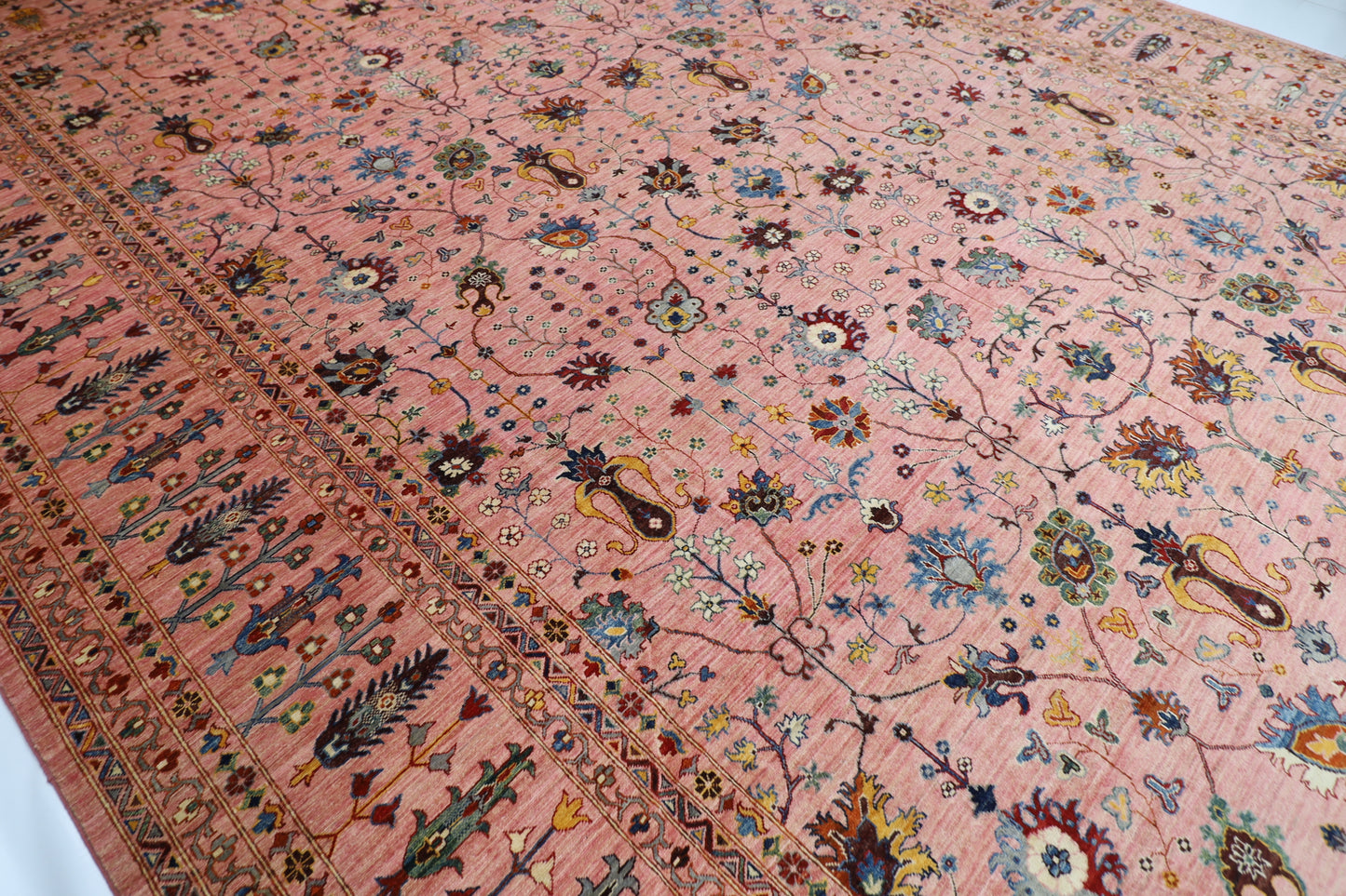 406 x 591 cm | Pink Floral Large Area Rug Afghan Hand Knotted Veg Dye Wool carpet