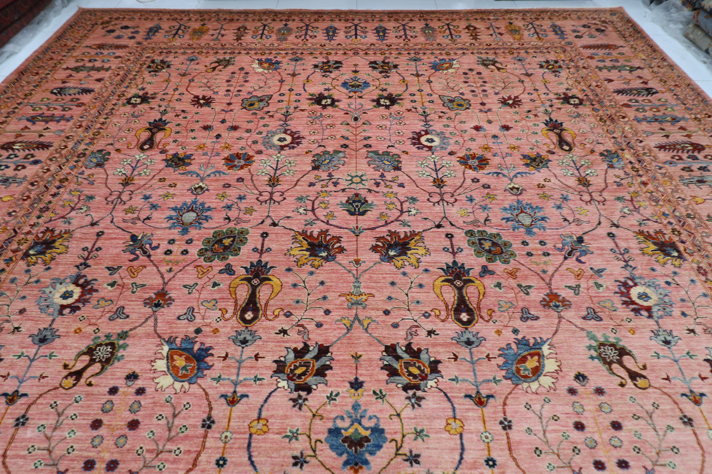 406 x 591 cm | Pink Floral Large Area Rug Afghan Hand Knotted Veg Dye Wool carpet