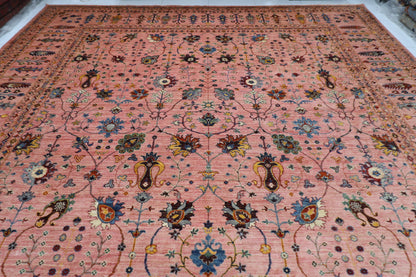 406 x 591 cm | Pink Floral Large Area Rug Afghan Hand Knotted Veg Dye Wool carpet