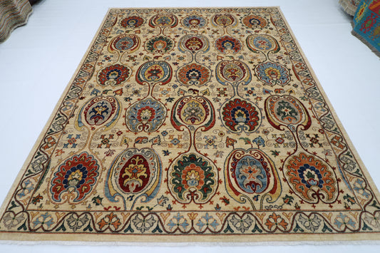 243 x 303 cm | Suzani Beige Afghan Tribal Hand Knotted Natural Veg Dye Wool Carpet