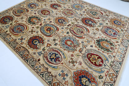 243 x 303 cm | Suzani Beige Afghan Tribal Hand Knotted Natural Veg Dye Wool Carpet