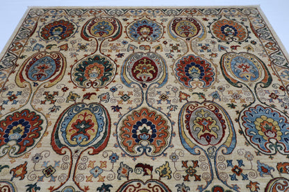 243 x 303 cm | Suzani Beige Afghan Tribal Hand Knotted Natural Veg Dye Wool Carpet