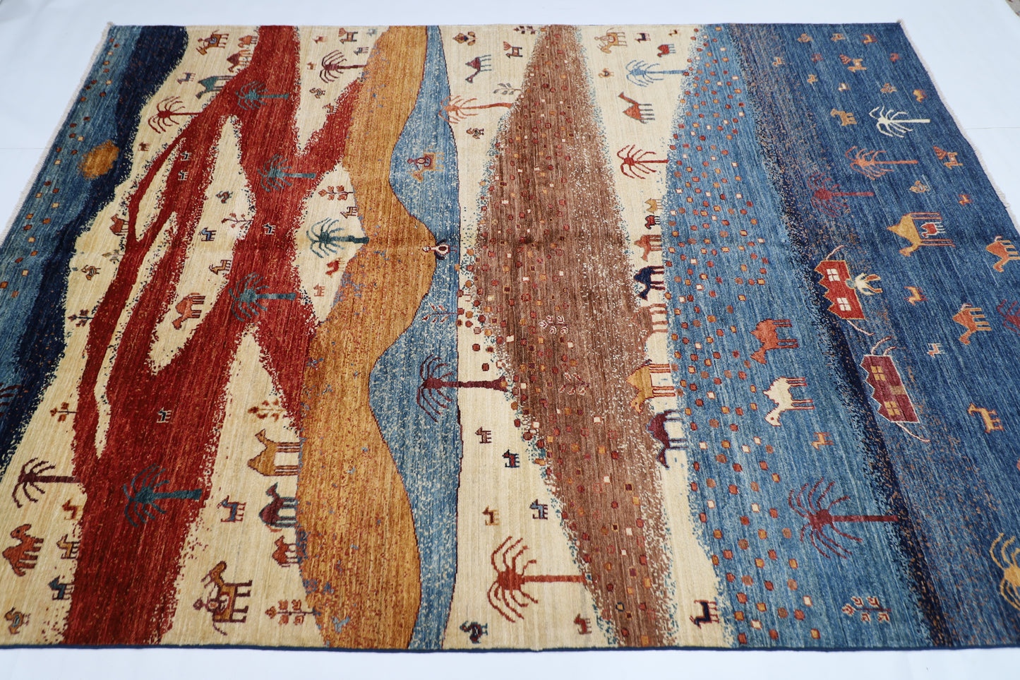 182 x 263 cm | Landscape Afghan Tribal Hand Knotted Veg Dye Wool Carpet