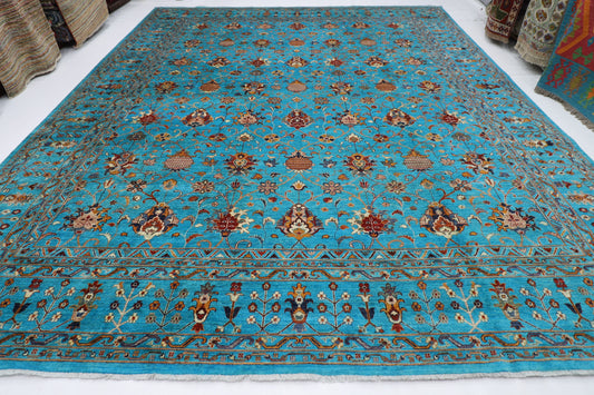366 x 450 cm | Turquoise Sultani Afghan Tribal Hand Knotted Natural Veg Dye Wool Carpet