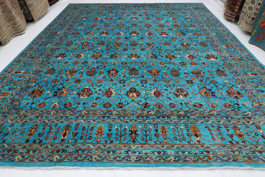 370 x 442 cm | Sultani Turquoise Afghan Tribal Hand Knotted Natural Veg Dye Wool Carpet