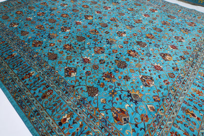 370 x 442 cm | Sultani Turquoise Afghan Tribal Hand Knotted Natural Veg Dye Wool Carpet