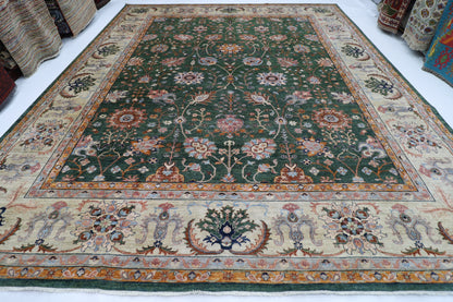 364 x 448 cm | Sultani Green Afghan Tribal Hand Knotted Natural Veg Dye Wool Carpet