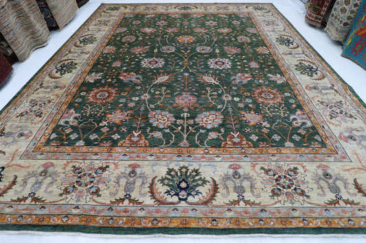 364 x 448 cm | Sultani Green Afghan Tribal Hand Knotted Natural Veg Dye Wool Carpet