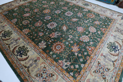 364 x 448 cm | Sultani Green Afghan Tribal Hand Knotted Natural Veg Dye Wool Carpet