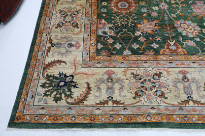 364 x 448 cm | Sultani Green Afghan Tribal Hand Knotted Natural Veg Dye Wool Carpet