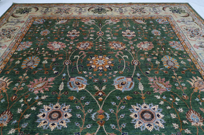 364 x 448 cm | Sultani Green Afghan Tribal Hand Knotted Natural Veg Dye Wool Carpet