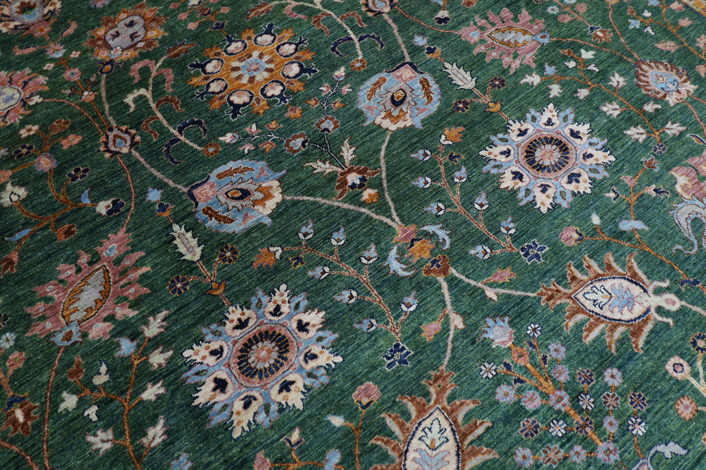 364 x 448 cm | Sultani Green Afghan Tribal Hand Knotted Natural Veg Dye Wool Carpet