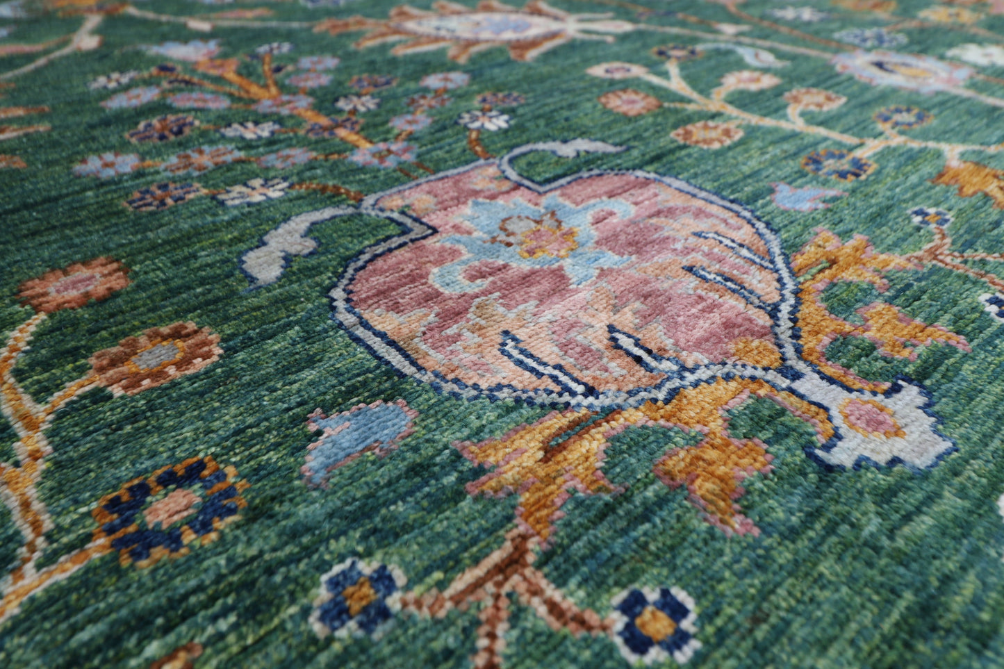 364 x 448 cm | Sultani Green Afghan Tribal Hand Knotted Natural Veg Dye Wool Carpet