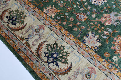 364 x 448 cm | Sultani Green Afghan Tribal Hand Knotted Natural Veg Dye Wool Carpet