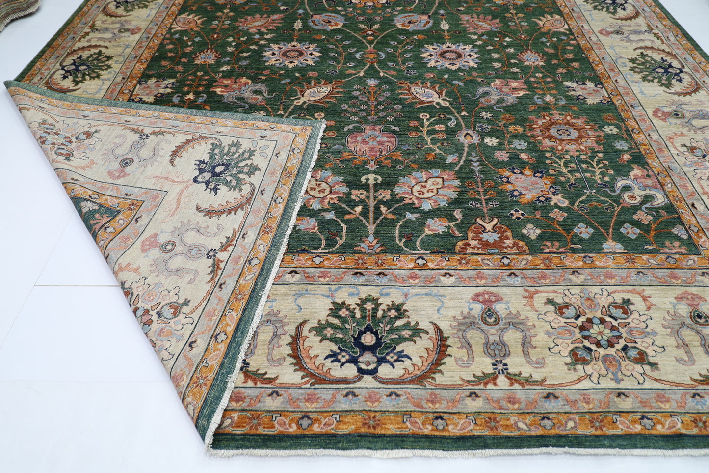 364 x 448 cm | Sultani Green Afghan Tribal Hand Knotted Natural Veg Dye Wool Carpet