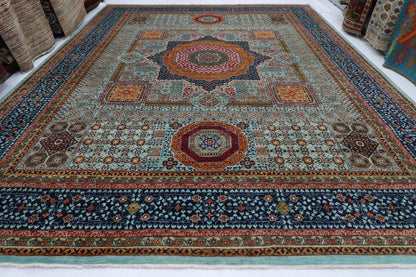 406 x 488 cm | Turquoise Mamluk Afghan Tribal Hand Knotted Natural Veg Dye Wool Carpet