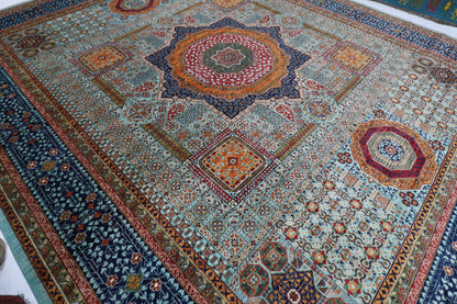 406 x 488 cm | Turquoise Mamluk Afghan Tribal Hand Knotted Natural Veg Dye Wool Carpet