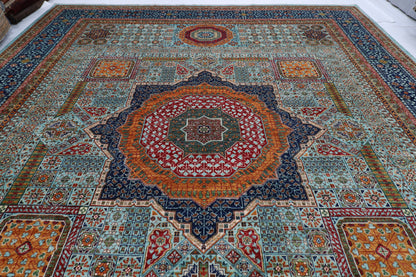406 x 488 cm | Turquoise Mamluk Afghan Tribal Hand Knotted Natural Veg Dye Wool Carpet