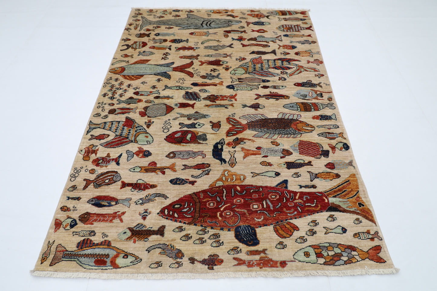 152 x 213 cm | Fish Party Afghan Tribal Hand Knotted Natural Veg Dye Wool Carpet
