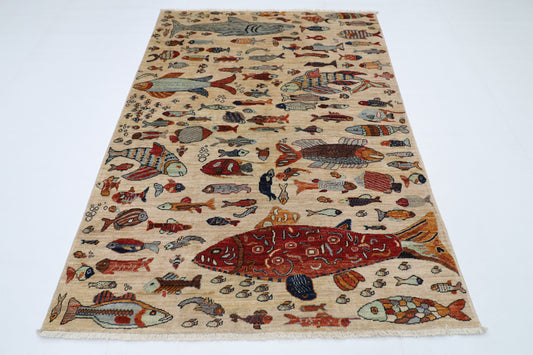 152 x 213 cm | Fish Party Afghan Tribal Hand Knotted Natural Veg Dye Wool Carpet