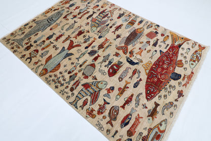 152 x 213 cm | Fish Party Afghan Tribal Hand Knotted Natural Veg Dye Wool Carpet