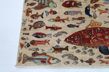 152 x 213 cm | Fish Party Afghan Tribal Hand Knotted Natural Veg Dye Wool Carpet