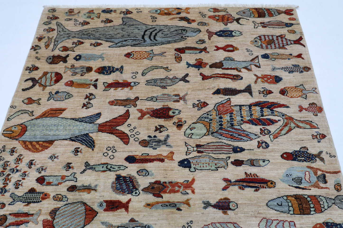 152 x 213 cm | Fish Party Afghan Tribal Hand Knotted Natural Veg Dye Wool Carpet