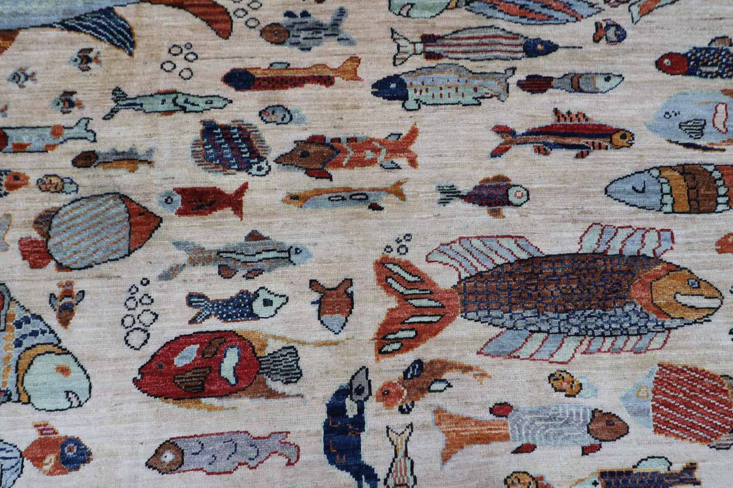 152 x 213 cm | Fish Party Afghan Tribal Hand Knotted Natural Veg Dye Wool Carpet