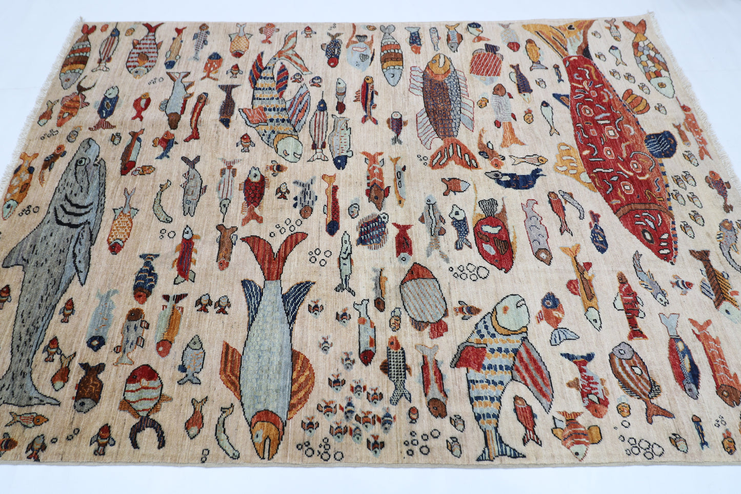 152 x 213 cm | Fish Party Afghan Tribal Hand Knotted Natural Veg Dye Wool Carpet