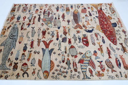 152 x 213 cm | Fish Party Afghan Tribal Hand Knotted Natural Veg Dye Wool Carpet