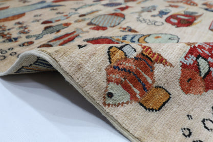 152 x 213 cm | Fish Party Afghan Tribal Hand Knotted Natural Veg Dye Wool Carpet