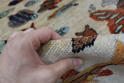 152 x 213 cm | Fish Party Afghan Tribal Hand Knotted Natural Veg Dye Wool Carpet