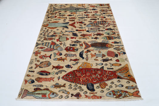 154 x 216 cm | Fish Party Afghan Tribal Hand Knotted Natural Veg Dye Wool Carpet
