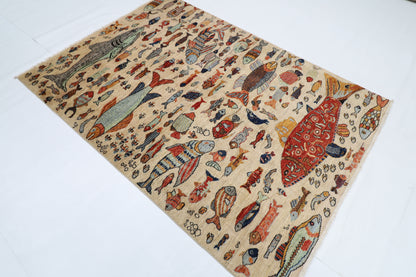 154 x 216 cm | Fish Party Afghan Tribal Hand Knotted Natural Veg Dye Wool Carpet
