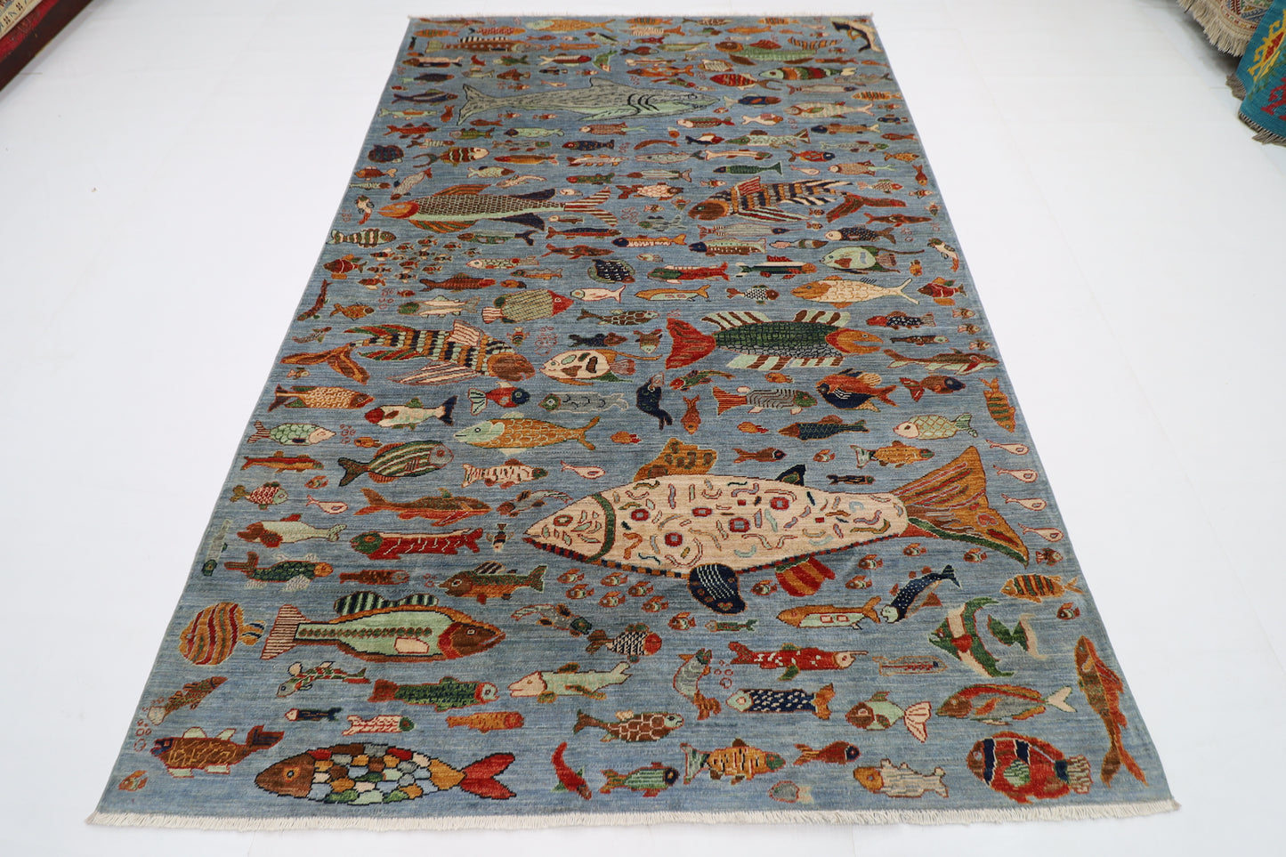 181 x 276 cm | Fish Party Afghan Tribal Hand Knotted Natural Veg Dye Wool Carpet