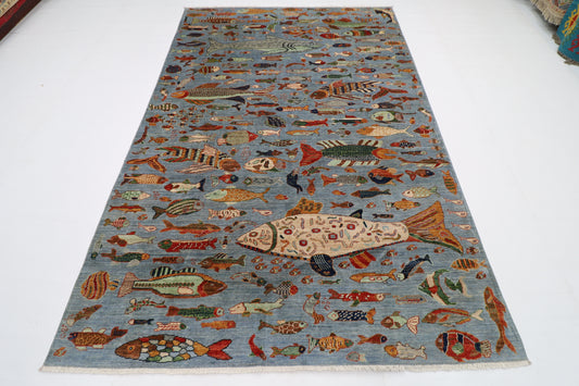 181 x 276 cm | Fish Party Afghan Tribal Hand Knotted Natural Veg Dye Wool Carpet