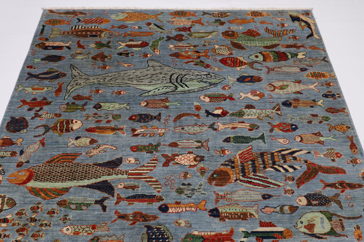 181 x 276 cm | Fish Party Afghan Tribal Hand Knotted Natural Veg Dye Wool Carpet