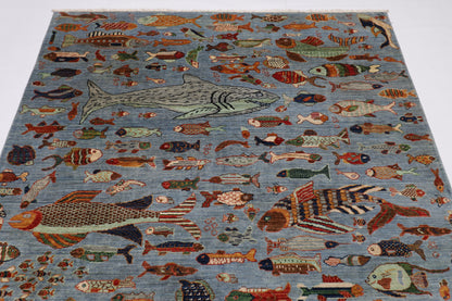 181 x 276 cm | Fish Party Afghan Tribal Hand Knotted Natural Veg Dye Wool Carpet