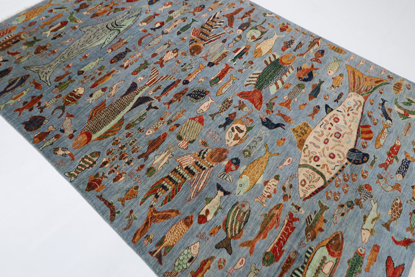 181 x 276 cm | Fish Party Afghan Tribal Hand Knotted Natural Veg Dye Wool Carpet