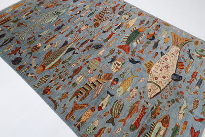 181 x 276 cm | Fish Party Afghan Tribal Hand Knotted Natural Veg Dye Wool Carpet